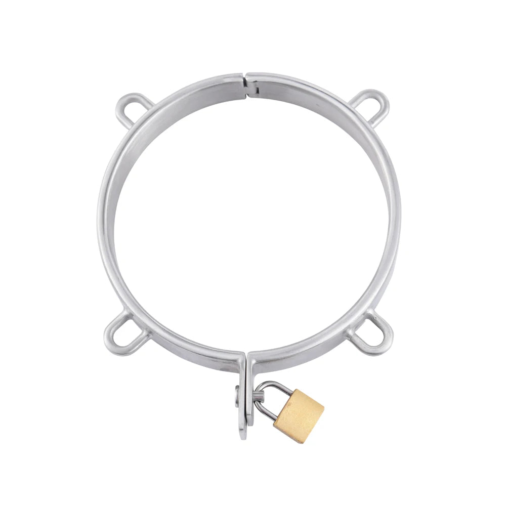 304 Stainless Steel Lockable Neck Collar With 4 Rings Metal Choking Restraint Bondage Slave SM Sex Toys For Couple BDSM