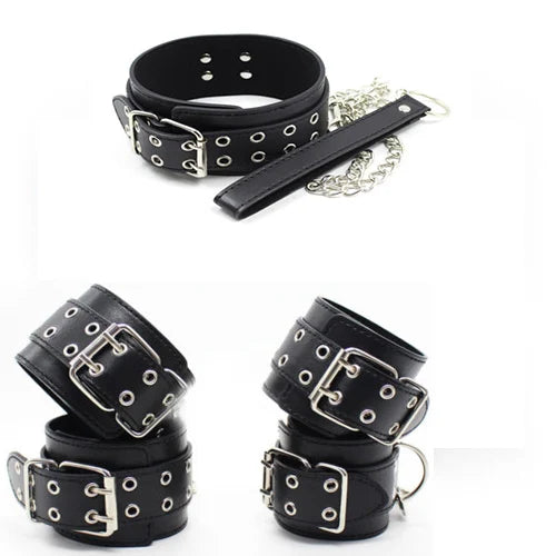 High Quality Black PU Leather Neck Collar Hand Cuffs Ankle Cuffs Sex Toys For Couples Slave Bondage BDSM Restraints Kit