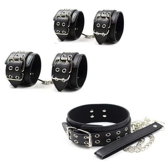 High Quality Black PU Leather Neck Collar Hand Cuffs Ankle Cuffs Sex Toys For Couples Slave Bondage BDSM Restraints Kit