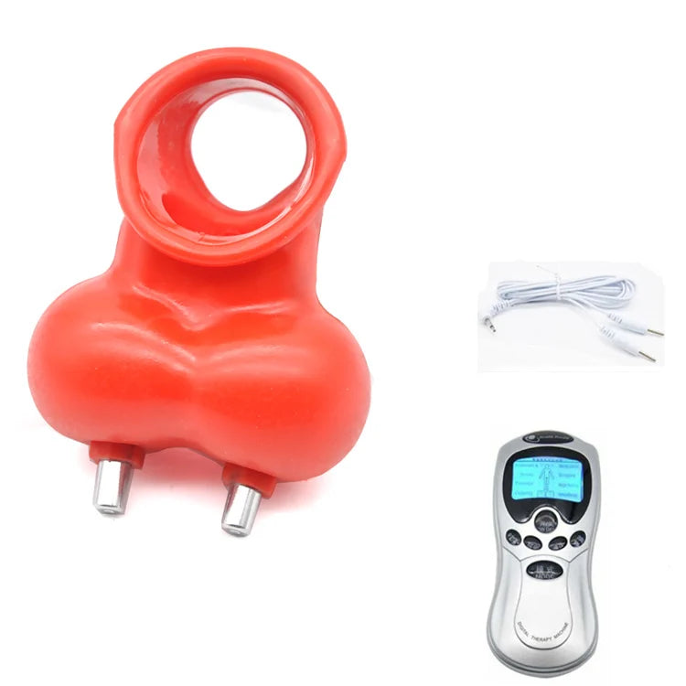 Male Electric Ball Stretcher Scrotum Pouch Time Delay E-stim Electro Shock Accessory Rubber Ring Chastity Cage Sex Tool for Man