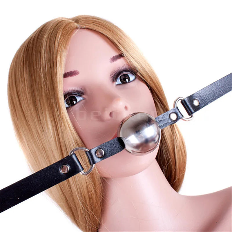 Stainless Steel Ball Gag Locking Bondage Open Mouth PU Leather Straps Lockable Restraint Oral Fun Games for Couple