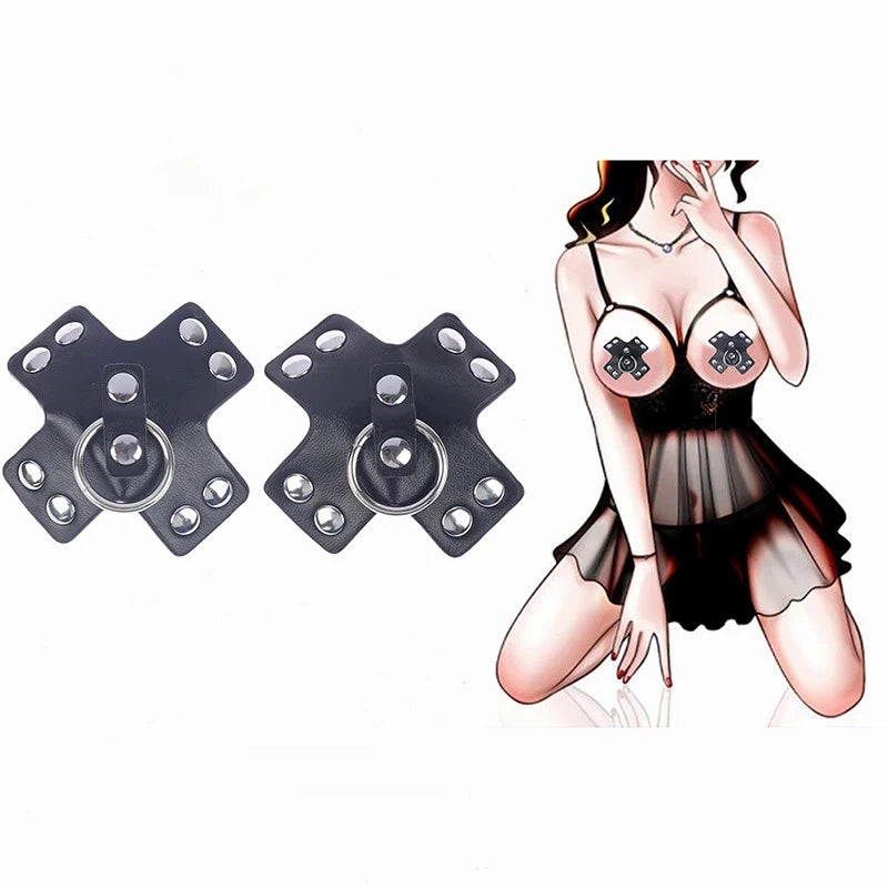 1 Pair Reusable PU Leather Nipple Sticker With Rings Bondage Pasties Bra Pads Chest Breast Cover BDSM Adult Game Sex Toys