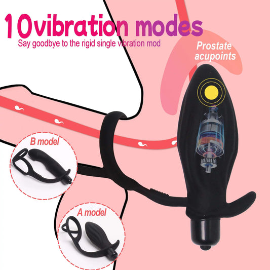 10 Vibration Modes Penis Ring Anal Plug Vibrators for Men Cock Ring Prostate Massage Delay Exerciser Masturbator Sex Toys