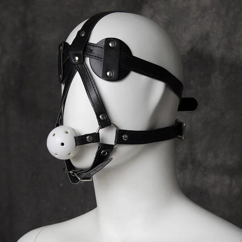 18+ Erotic Leather Head Bondage Harness Strap with Blindfold and Hard Ball Gag Sex Toys for Men Women Bdsm Fetish Cosplay Flirt