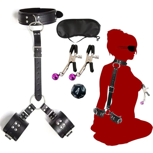 1Set Bondage BDSM Adjustable Behind Back Handcuffs Collar with Blindfold Nipple Clamp Anti-Collar Bondage Sex Toys SM Adult Game