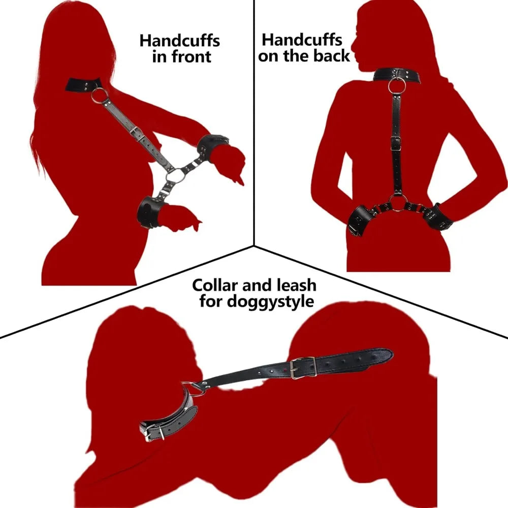 1Set Bondage BDSM Adjustable Behind Back Handcuffs Collar with Blindfold Nipple Clamp Anti-Collar Bondage Sex Toys SM Adult Game