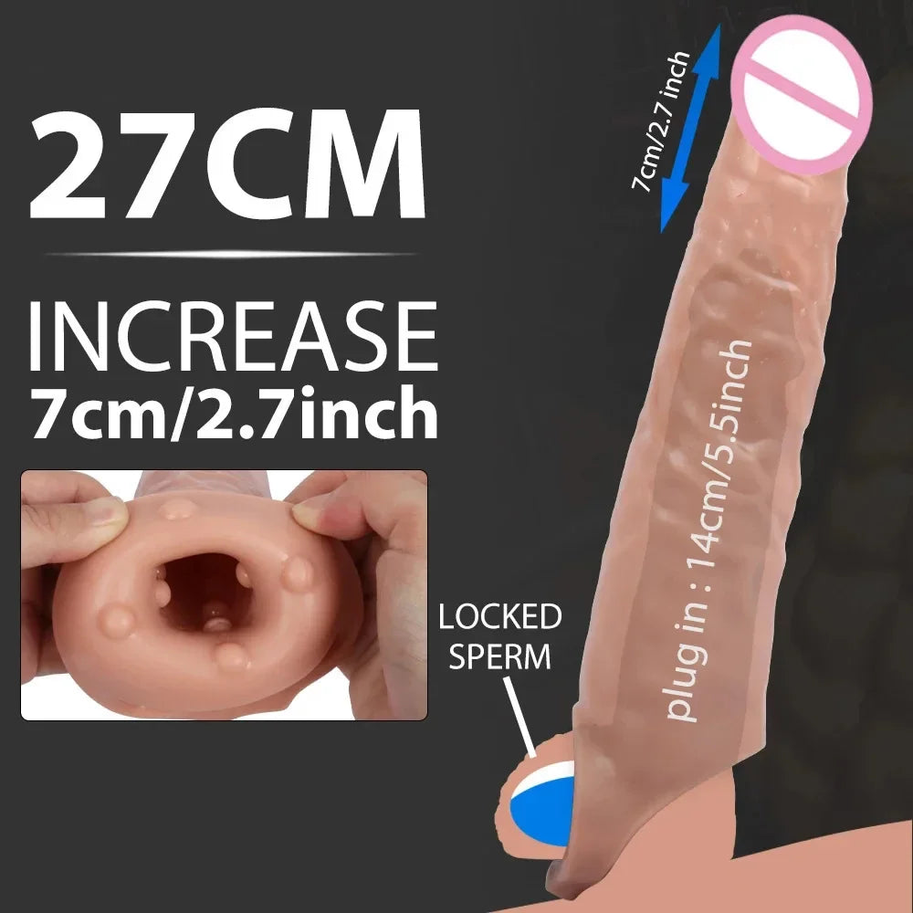 27cm Huge Penis Sleeve Bigger Cock Extender Sleeve Extended Dick Enlargement Reusable Condom Adult Sex Toys For Men