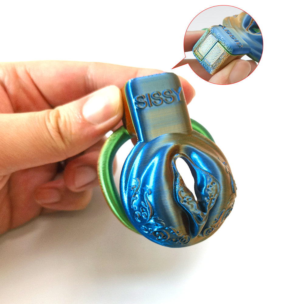 Mix Orange Blue and Green Pussy Vaginal Chastity Cage 5 Rings