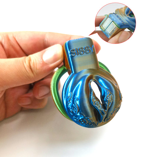 Mix Orange Blue and Green Pussy Vaginal Chastity Cage 5 Rings