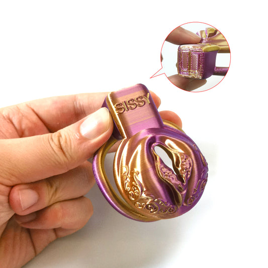 Purple-Gold Mix Color Pussy Vaginal Chastity Cage 5 Rings