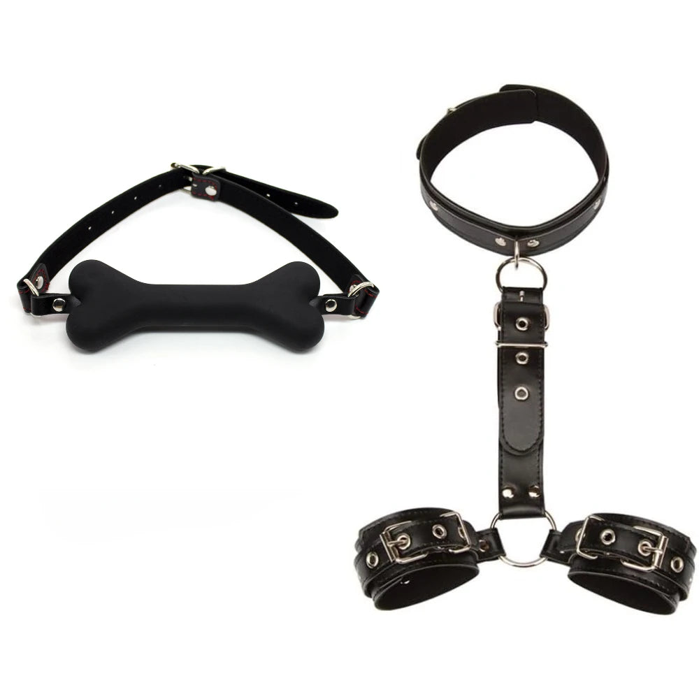 2pcs BDSM Restraints Kit Dog Bone Mouth Gag Sex Handcuffs Collar Neck To Wrist Bondage Gear & Accessories Kit Sex Toy for Couple