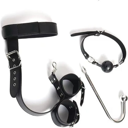 2pcs Set BDSM Erotic Leather Bondage Handcuffs Sex Toy with Leather Mouth Gag SM Adult Stainless Steel Anal Hook Bondage Set