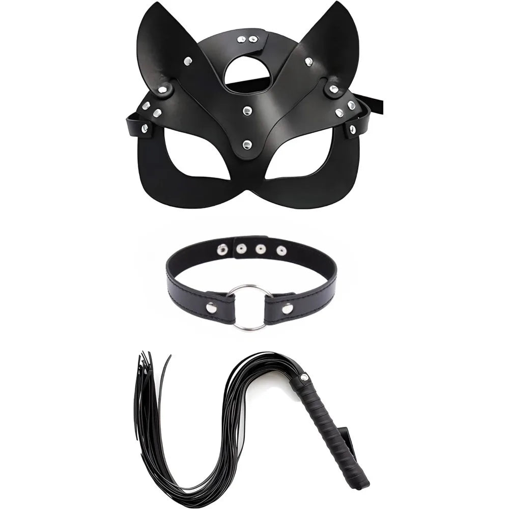 3PCS Cat Mask and Neck Collar Adult Sex Toys for Couples Bdsm Mask and Sex Whip Sexy Straps Sex Bondage PU Leathe Erotic Toys