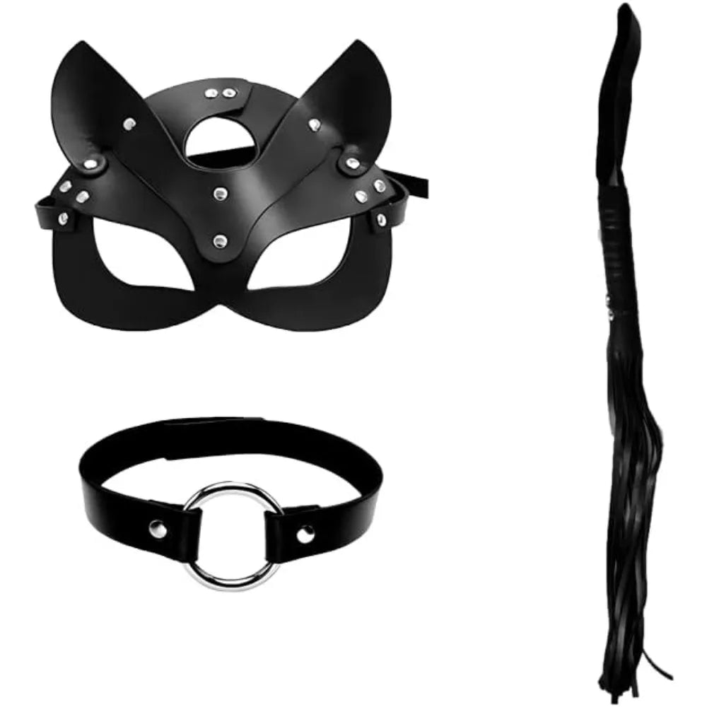 3PCS Cat Mask and Neck Collar Adult Sex Toys for Couples Bdsm Mask and Sex Whip Sexy Straps Sex Bondage PU Leathe Erotic Toys