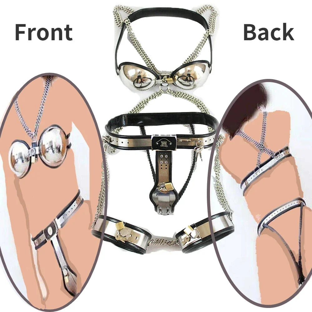 3PCS Female Adjustable Stainless Steel Chastity Belt Device with Bra Plug Thigh Cuffs Adult Game Metal Chastity Panty Erotic Toy