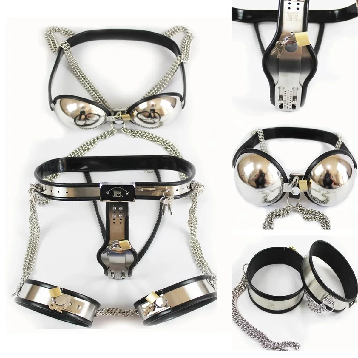 3PCS Female Adjustable Stainless Steel Chastity Belt Device with Bra Plug Thigh Cuffs Adult Game Metal Chastity Panty Erotic Toy