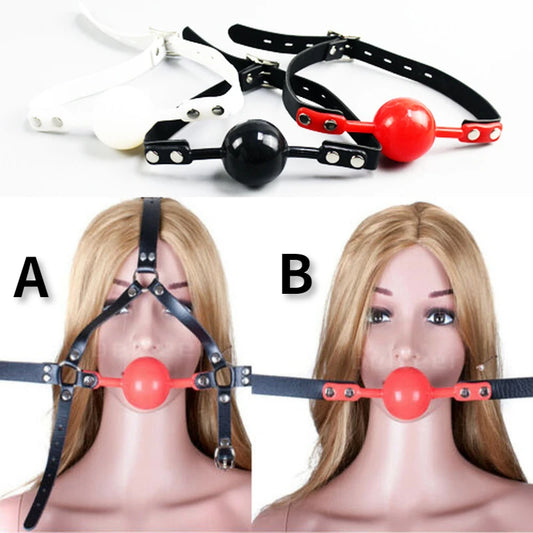 48mm Silicone Ball Gag Open Mouth Gag PU Leather Head Harness Bondage Gag with Lock Adult Games BDSM Sex Toys for Couple Women