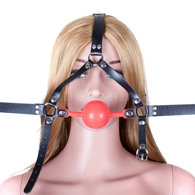 48mm Silicone Ball Gag Open Mouth Gag PU Leather Head Harness Bondage Gag with Lock Adult Games BDSM Sex Toys for Couple Women