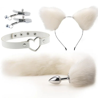 4Pcs/Set Fox Tail Butt Plugs Women Anal Sex Toys Nipple Clamps Necklace Plush Cat Ear Headband Set Sex Toys for Couples Cosplay