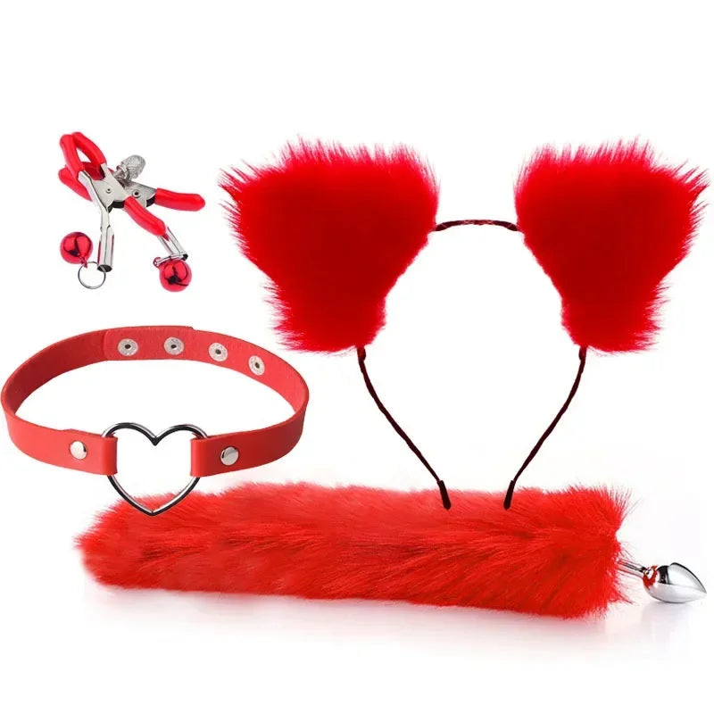 4Pcs/Set Fox Tail Butt Plugs Women Anal Sex Toys Nipple Clamps Necklace Plush Cat Ear Headband Set Sex Toys for Couples Cosplay