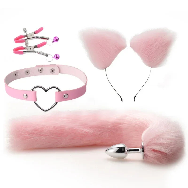 4Pcs/Set Fox Tail Butt Plugs Women Anal Sex Toys Nipple Clamps Necklace Plush Cat Ear Headband Set Sex Toys for Couples Cosplay