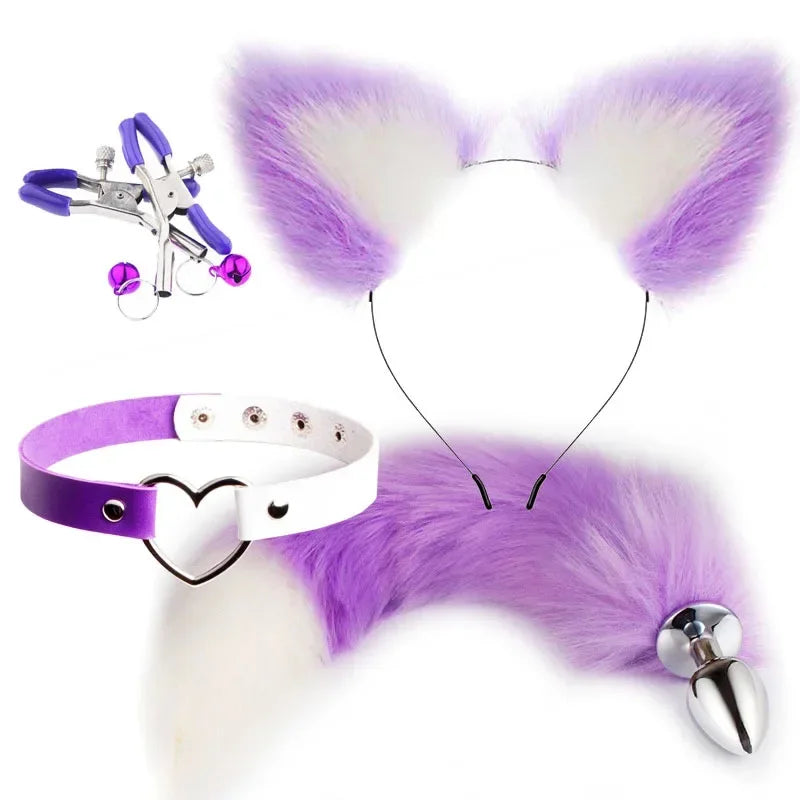 4Pcs/Set Fox Tail Butt Plugs Women Anal Sex Toys Nipple Clamps Necklace Plush Cat Ear Headband Set Sex Toys for Couples Cosplay