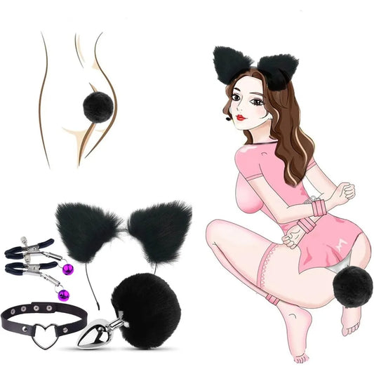 4pcs Cosplay Erotic Set Anal Plug Nipple Clip Collar Ear Sex Toys for Woman SM Bondage Breast Irritation Bdsm Toys Adult Games