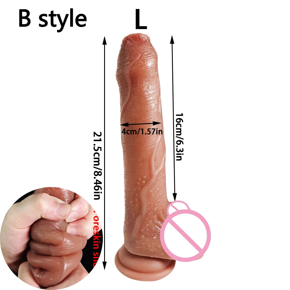 8.5in Real Skin Feeling Dildo Soft Glans Dildo Sliding Foreskin Huge Penis Sex Toy for Women Big Dick Butt Plug g spot simulator