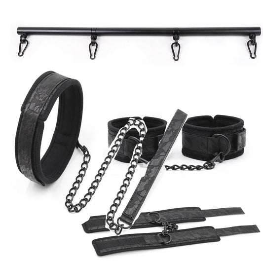 Adjustable Lace Neck Collar Handcuffs Ankle Cuffs Set Bdsm Slave Bondage Stainless Steel Spreader Bar Sex Toys for Couples Woman