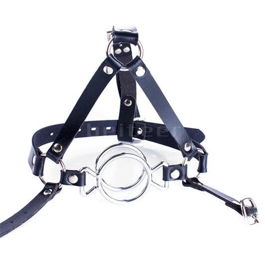 Adult Double O-Rings Stainless Steel Open Mouth Ring Gag Head Hood Harness Strap BDSM Restraint Bondage Sex Toy