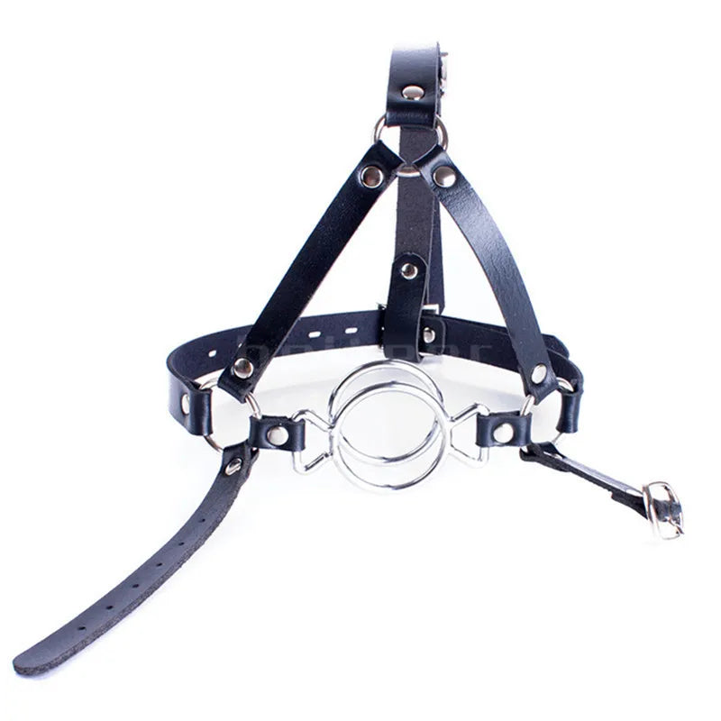 Adult Double O-Rings Stainless Steel Open Mouth Ring Gag Head Hood Harness Strap BDSM Restraint Bondage Sex Toy