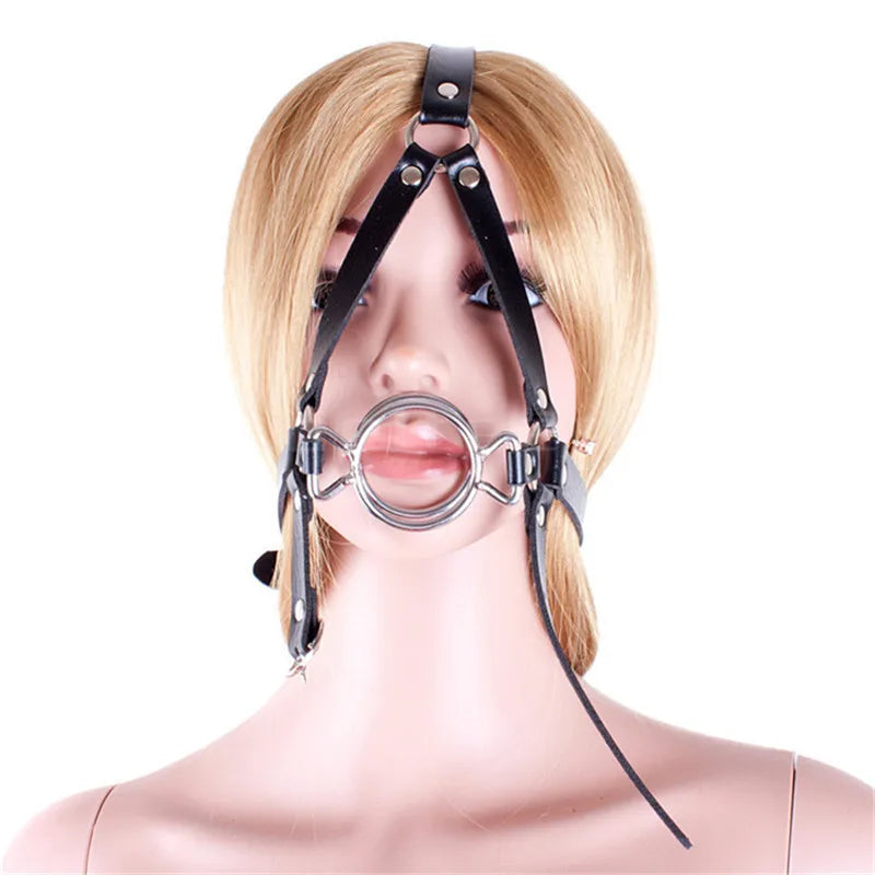 Adult Double O-Rings Stainless Steel Open Mouth Ring Gag Head Hood Harness Strap BDSM Restraint Bondage Sex Toy