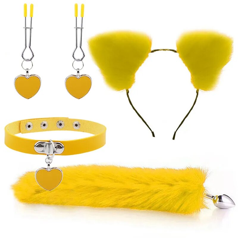 Anal Sex Toys Fox Tail Butt Plug Sexy Plush Cat Ear Headband With Bells Necklace Set Massage Sex toys For Women Couples Cosplay