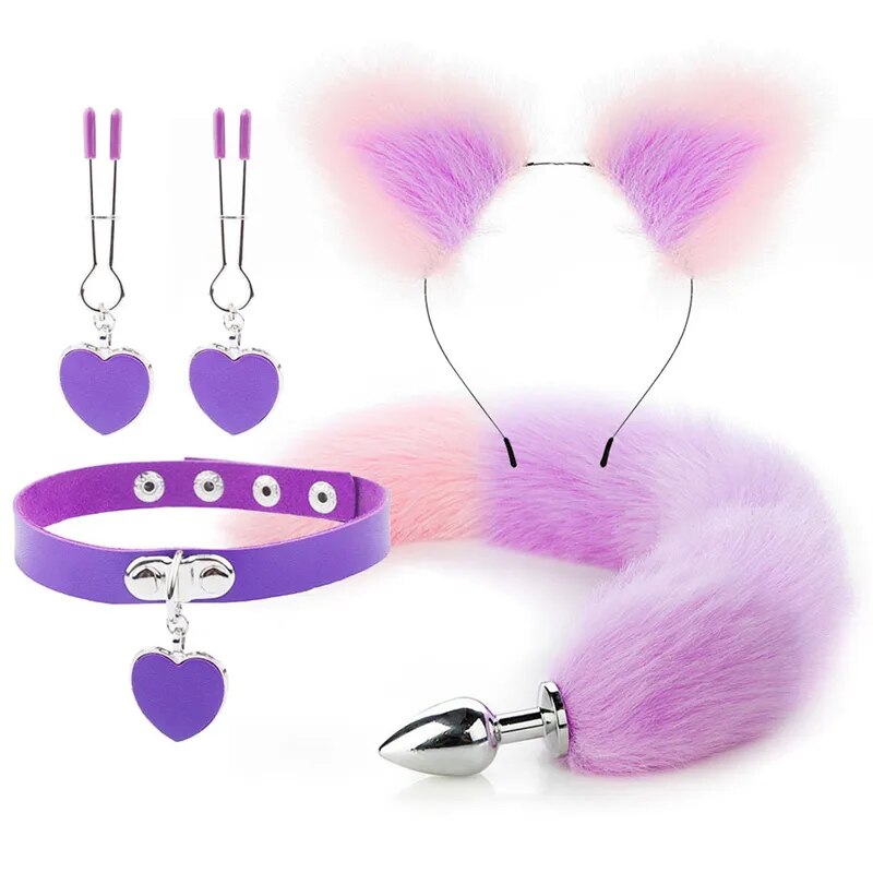 Anal Sex Toys Fox Tail Butt Plug Sexy Plush Cat Ear Headband With Bells Necklace Set Massage Sex toys For Women Couples Cosplay