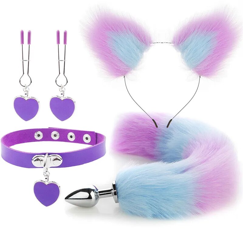 Anal Sex Toys Fox Tail Butt Plug Sexy Plush Cat Ear Headband With Bells Necklace Set Massage Sex toys For Women Couples Cosplay