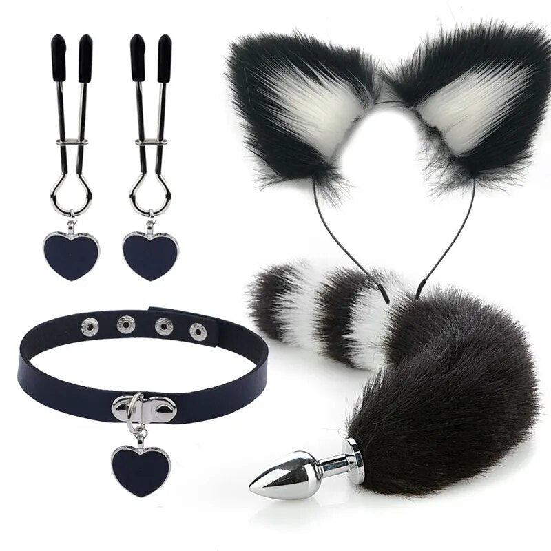 Anal Sex Toys Fox Tail Butt Plug Sexy Plush Cat Ear Headband With Bells Necklace Set Massage Sex toys For Women Couples Cosplay