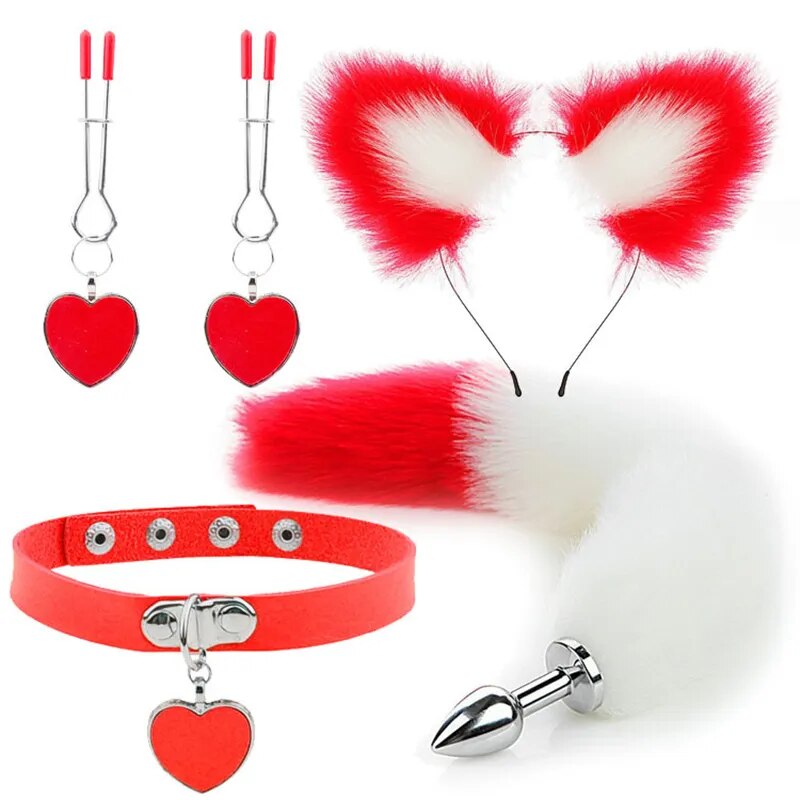 Anal Sex Toys Fox Tail Butt Plug Sexy Plush Cat Ear Headband With Bells Necklace Set Massage Sex toys For Women Couples Cosplay