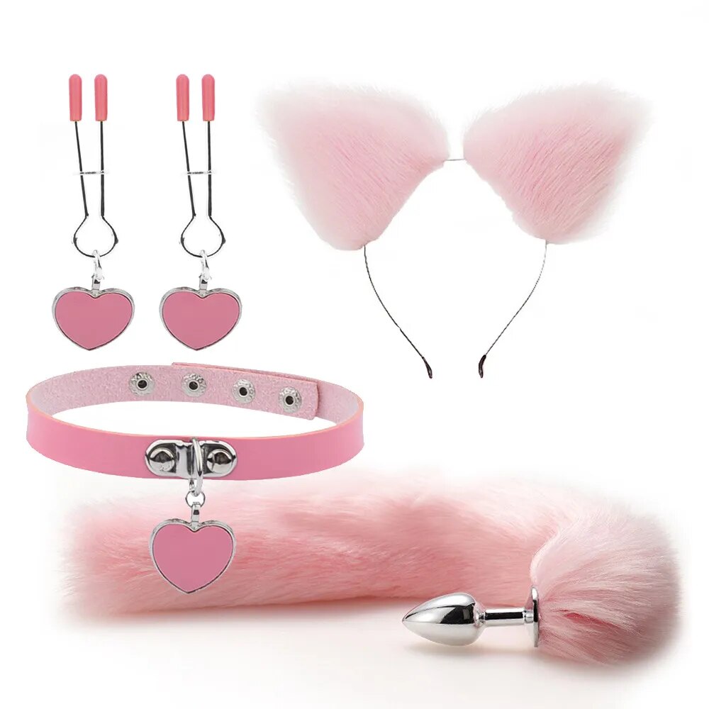 Anal Sex Toys Fox Tail Butt Plug Sexy Plush Cat Ear Headband With Bells Necklace Set Massage Sex toys For Women Couples Cosplay