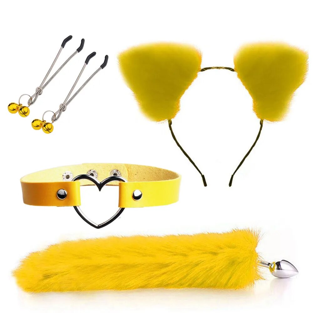 Set of Fox Tail Butt Plug Sexy Plush Cat Ear Headband Necklace