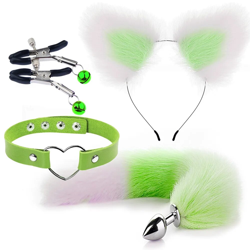 Set of Fox Tail Butt Plug Sexy Plush Cat Ear Headband Necklace