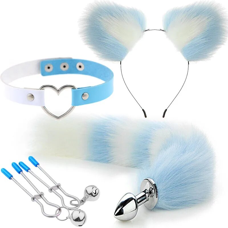 Set of Fox Tail Butt Plug Sexy Plush Cat Ear Headband Necklace