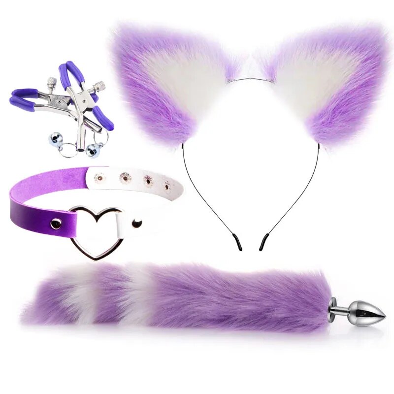 Set of Fox Tail Butt Plug Sexy Plush Cat Ear Headband Necklace