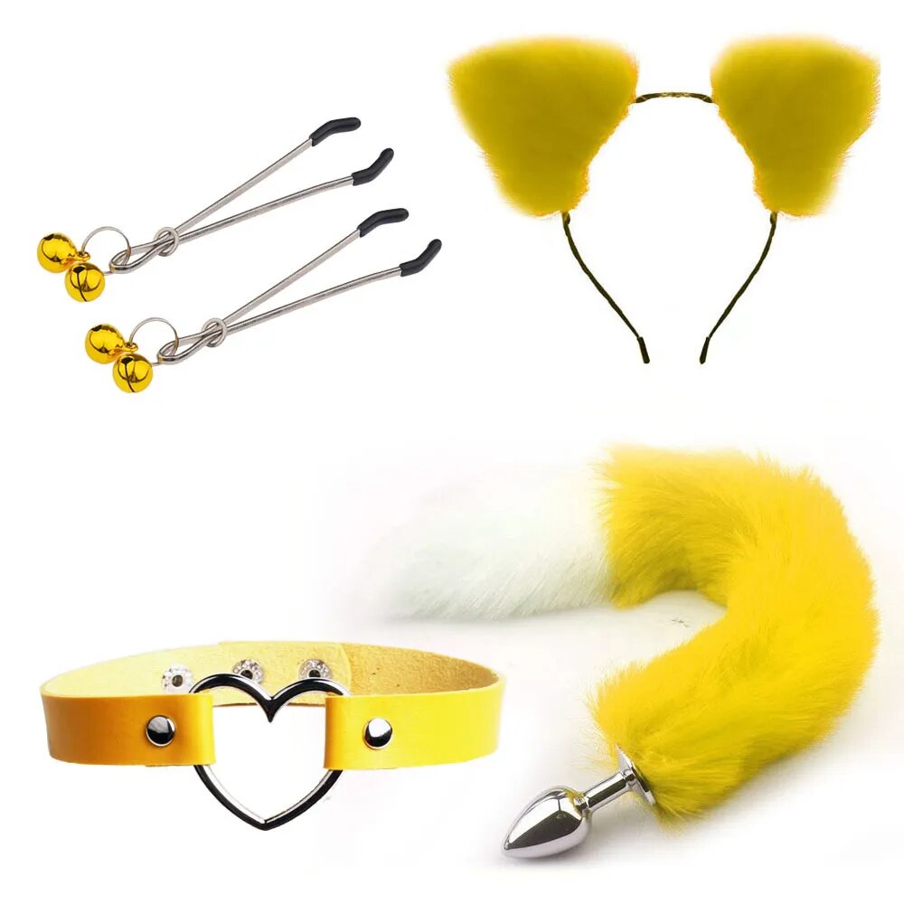 Set of Fox Tail Butt Plug Sexy Plush Cat Ear Headband Necklace