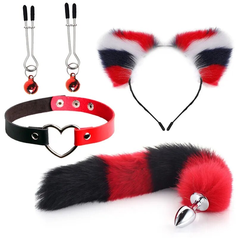 Set of Fox Tail Butt Plug Sexy Plush Cat Ear Headband Necklace