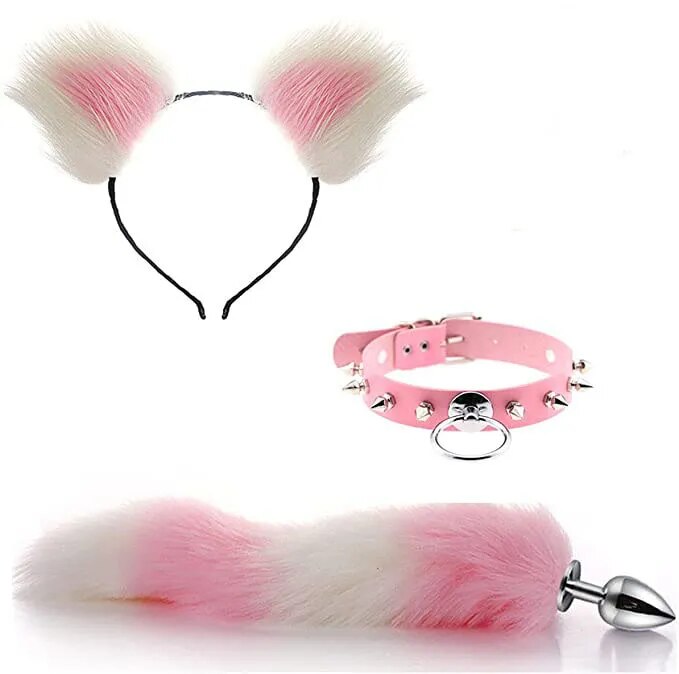 Set of Fox Tail Butt Plug Sexy Plush Cat Ear Headband Necklace