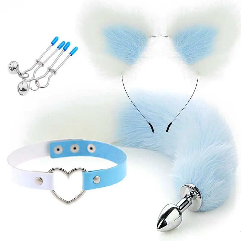 Set of Fox Tail Butt Plug Sexy Plush Cat Ear Headband Necklace