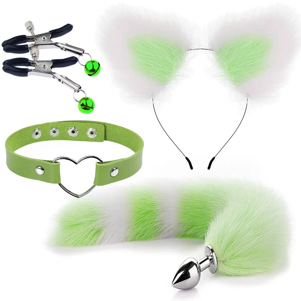 Set of Fox Tail Butt Plug Sexy Plush Cat Ear Headband Necklace