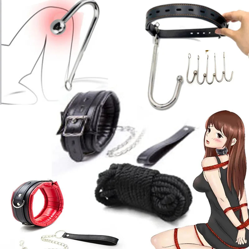 BDSM Bondage Ball Anal Hook Metal Stainless Steel Hook Plugs Restraint Neck Collar Slave Cotton Rope Sex Toy for Couple