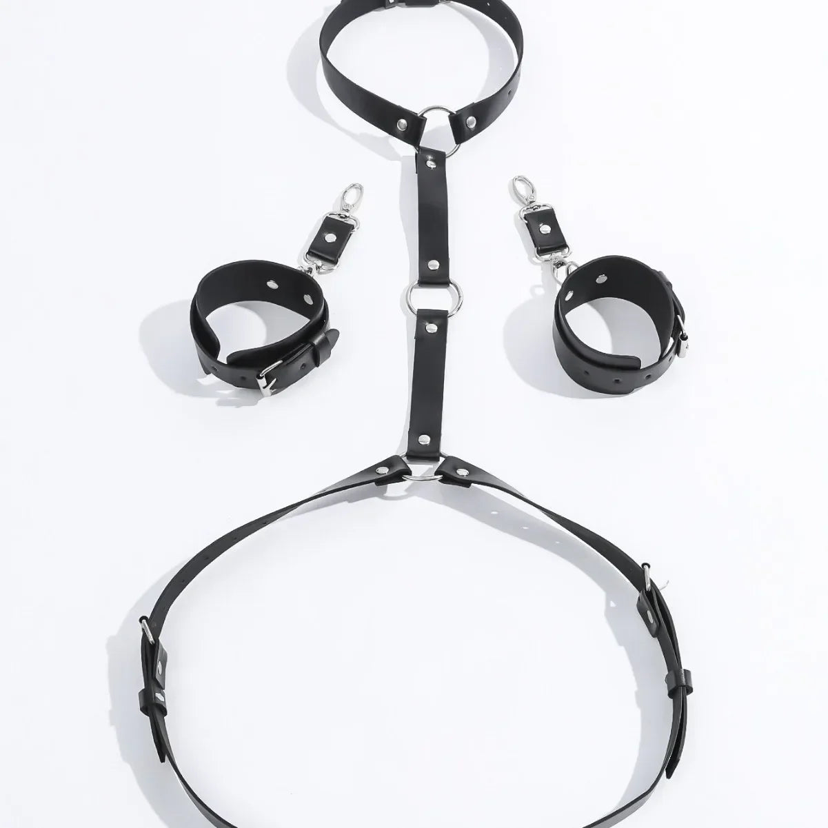 BDSM Harness SM Slave Handcuff Fetish Accessories Erotic Chest Strap Suspneder for Women PU Leather Backhandcuff Gothic Rave Set