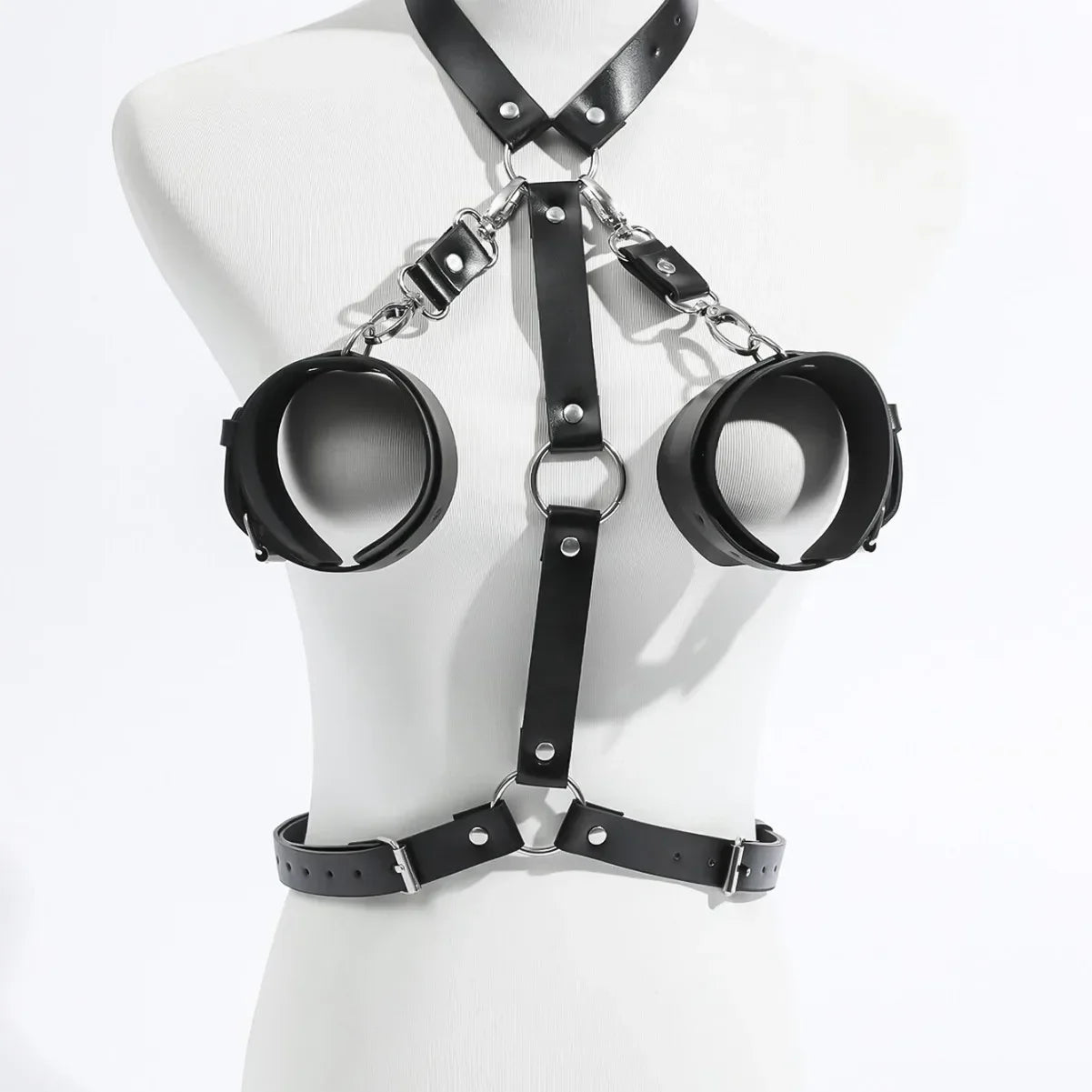 BDSM Harness SM Slave Handcuff Fetish Accessories Erotic Chest Strap Suspneder for Women PU Leather Backhandcuff Gothic Rave Set